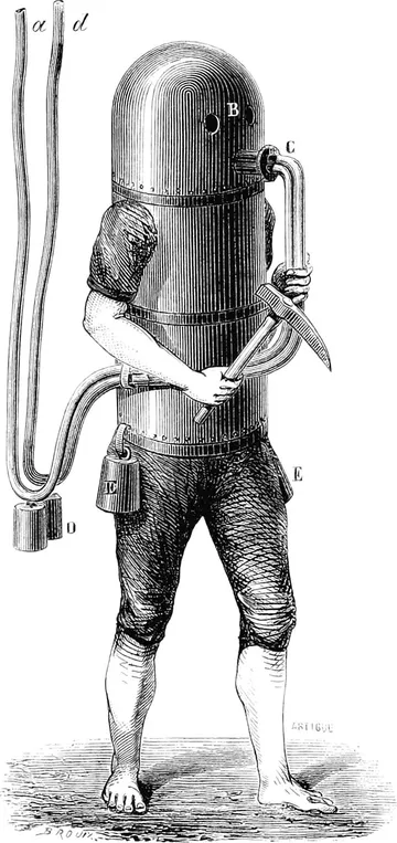 A nineteenth-century engraving of Klingert's diving machine: a man in a riveted metal cylinder that covers his head and body, breathing tubes looping from its top, holding a pickaxe, with lettered callouts marking its parts.