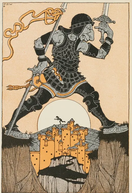A two-colour print: an armoured giant with a spear and a raised sword stands astride a gorge, a small figure running along the walls of an orange castle below him.