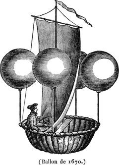 A wood engraving of Lana de Terzi's 1670 airship design: a wicker boat with a mast and sail, held up by four large spheres, a man seated at the stern. Caption: Ballon de 1670.
