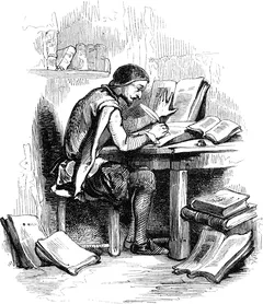 A wood engraving by Tony Johannot: a man at a desk in the corner of a study writes with a quill, holding a book open against the wall with his other hand, more books piled at his feet.