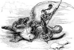 A wood engraving by Tony Johannot from Don Quixote: a knight on foot drives his lance into a sprawling, scaly dragon.